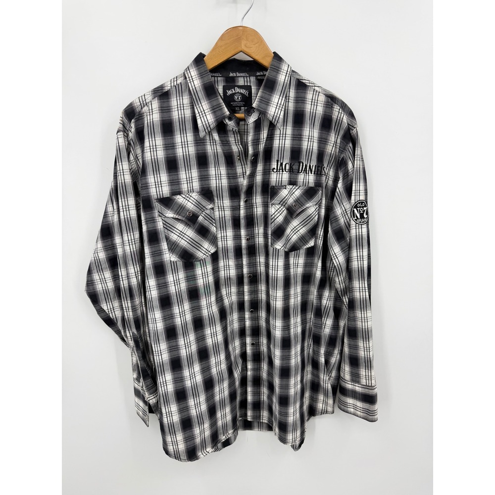 Jack Daniels Western Plaid Button Down Shirt Mens XL Black White Embroidered